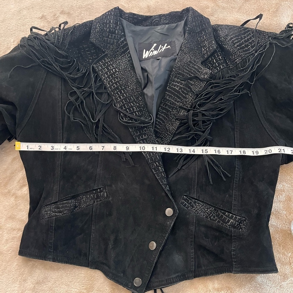 Vintage Fringe Winlit Leather Suede Women L Black Snape Western Biker Jacket